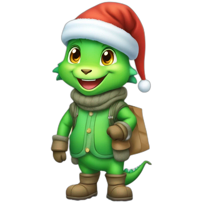 happy little green cartoon dragon of child, in winter, in work pants, in work clothes, in winter boots, in a Santa Claus hat, New Year, with presents emoji