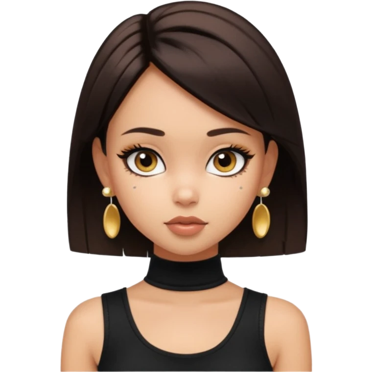 generate a pretty bratz girl in black cami top, dark brown straight short hair, eyeliner on. dark brown eyes. Wearing sleeveless white turtleneck, gold stud earrings emoji
