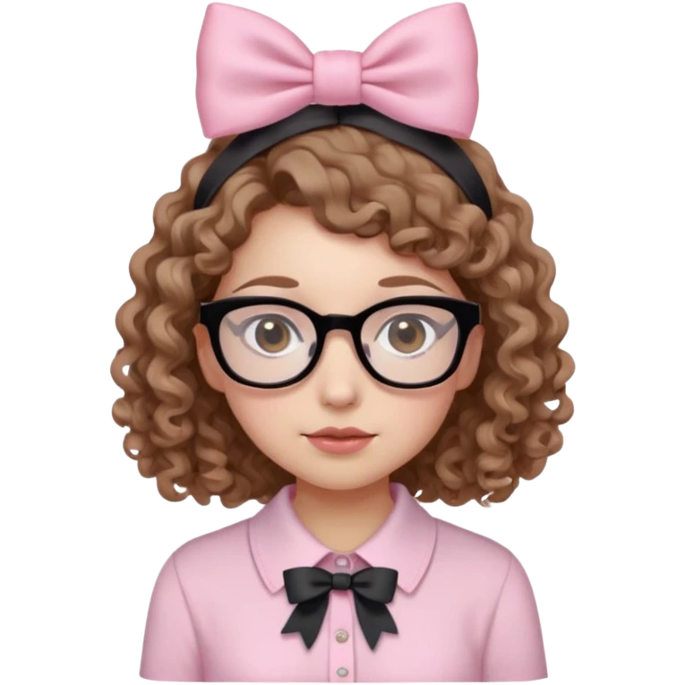 White skin, curly light brown hair girl with black glasses, brown eyes, light pink bow on her head, light pink shirt  emoji