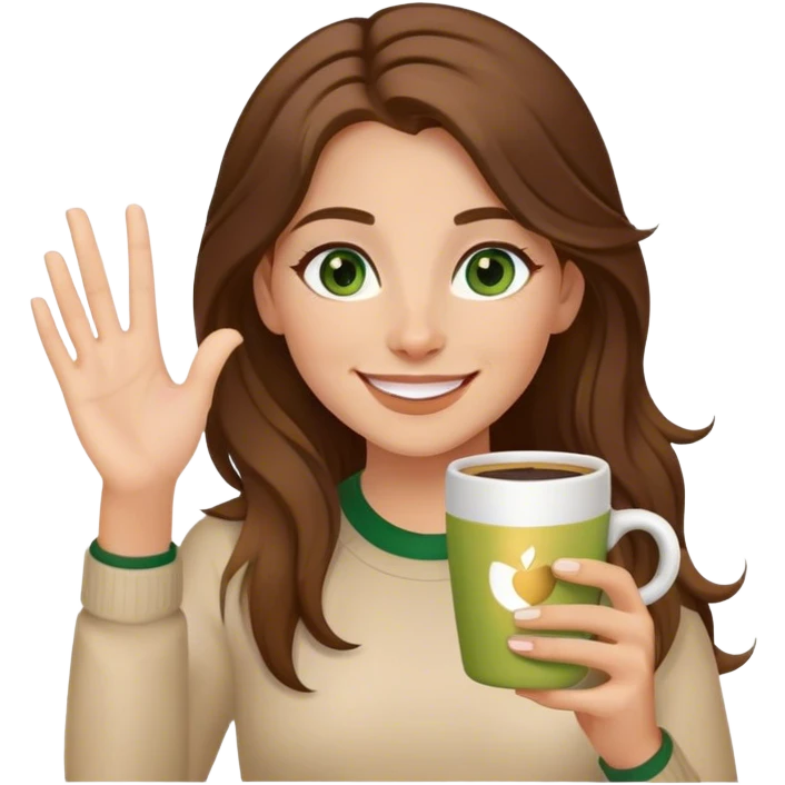 Long, Brown haired girl with middle hair part, green eyes, gold hoop nose ring, smiling, waving with one hand, coffee mug in the other emoji