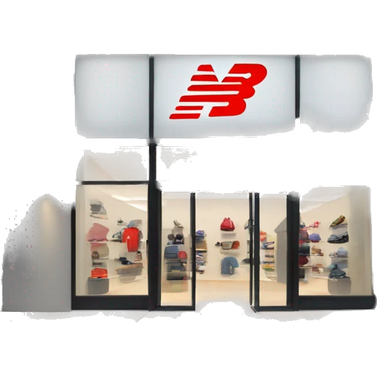 “New Balance store exterior with a clean, modern facade, the iconic ‘N’ logo, large windows showcasing athletic footwear, and a minimalist entrance.” emoji