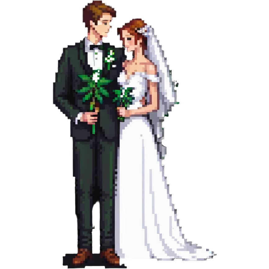 A bride in white wedding dress and groom in tuxedo, full body, sharing cannabis, wedding couple emoji