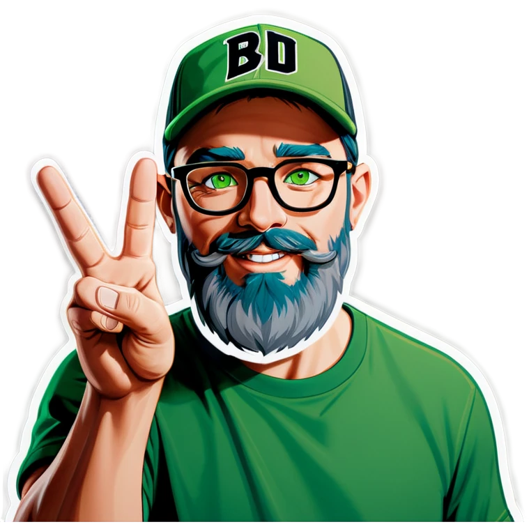 A bold man with a grey baseball cap, green eyes, big beard and glasses, waving  emoji