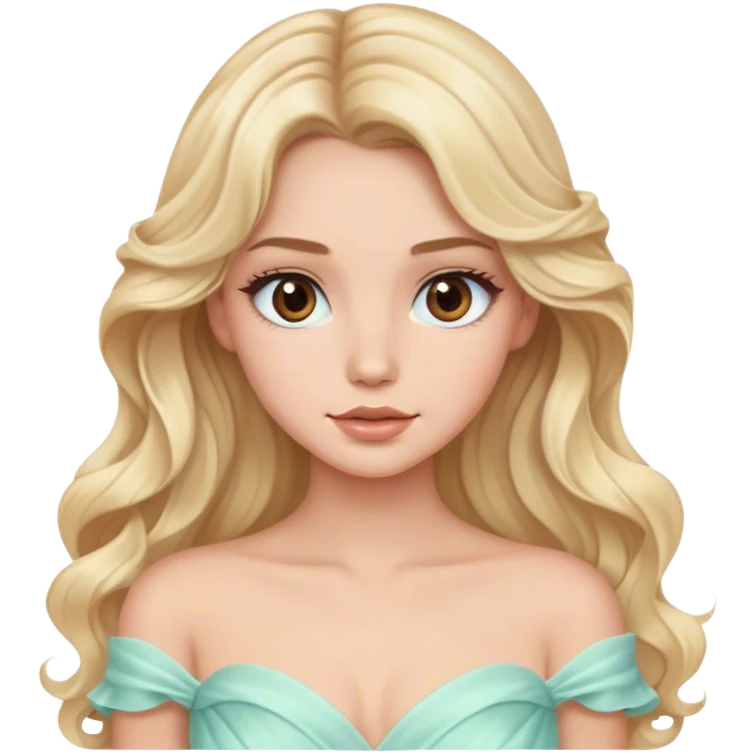 Blonde model with brown eyes, long wavy hair, pastel gown emoji