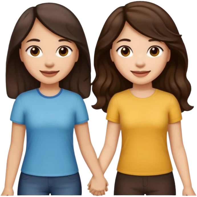 Longer wavy hair for one and straight for the other both dark brown hair. Light skin tone holding hands. Both woman emoji