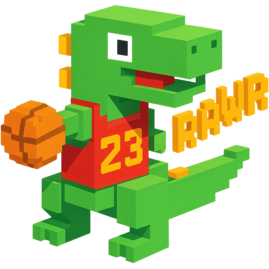 надпись "RAWR" и динозавр с баскетбольном мячом в майке с надписью "23", no background  emoji