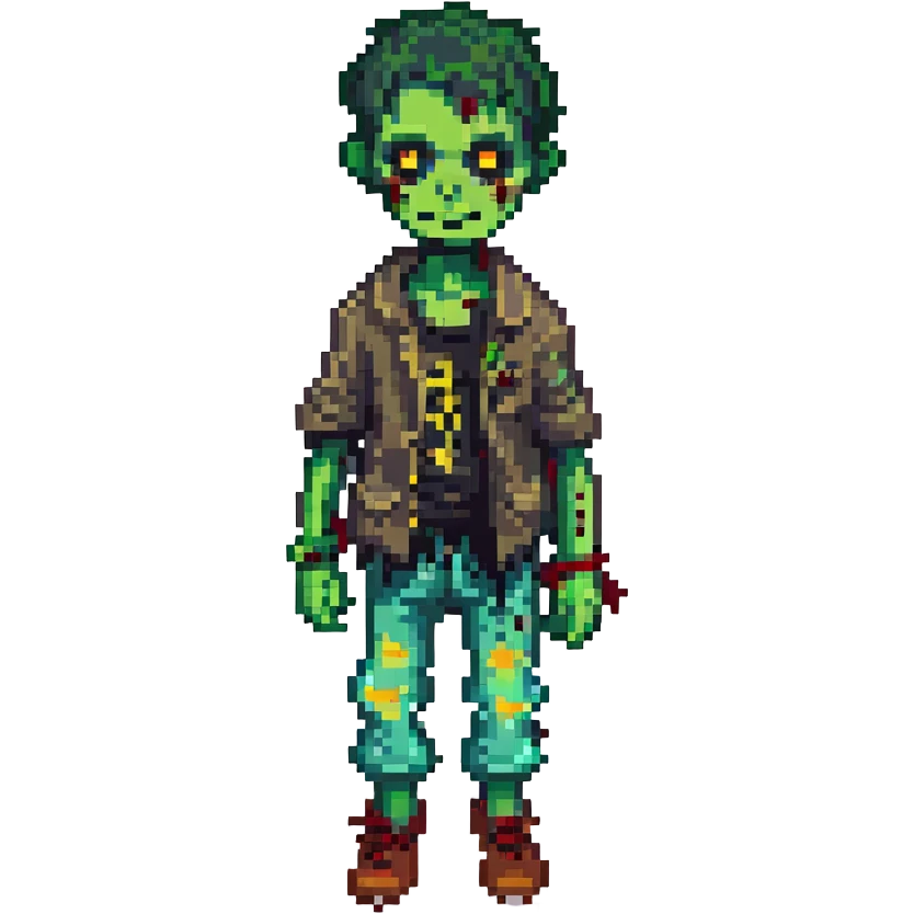 zombie boy, pixel art, retro game style, green skin, tattered clothes emoji