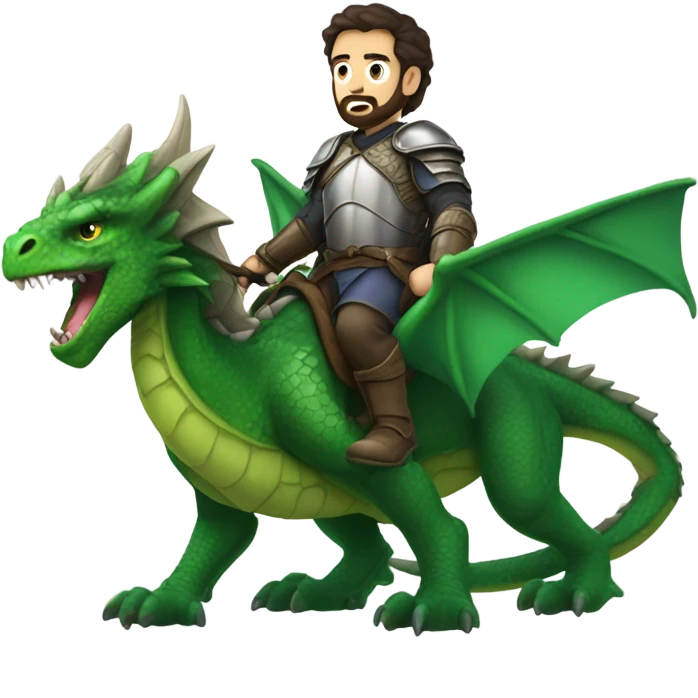 Determined armored White Man with dark brown hair and a short beard riding on the back of a giant green dragon emoji