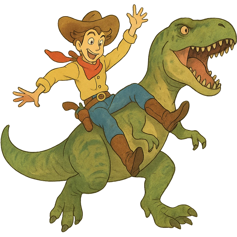 energetic and whimsical cowboy sliding down a t-rex emoji