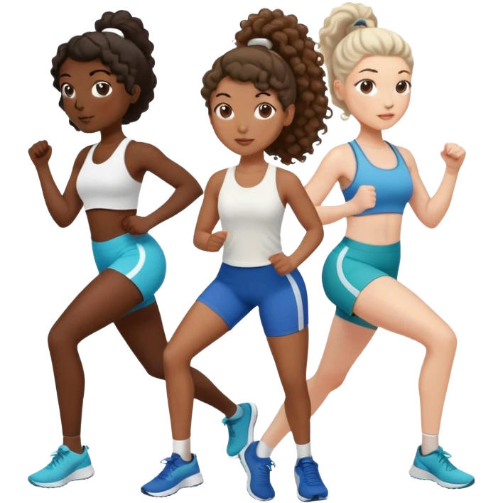 three women friends exercising together, one black woman with curly brown hair, one pale white woman with curly brown hair, and one pale white woman with straight brown hair in a ponytail emoji