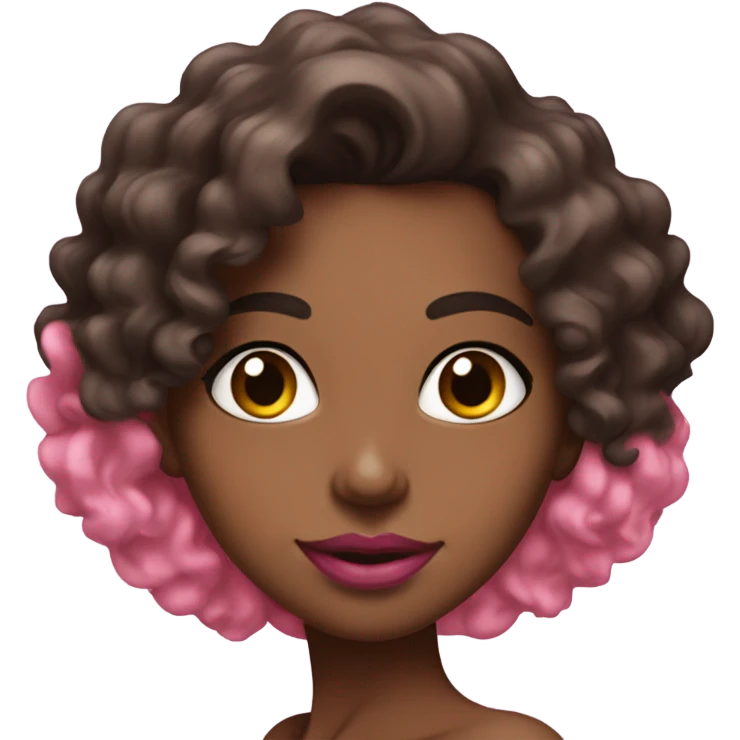 Woman with big pink lips, somewhat curly dark brown hair, and a thin neck wearing a pink bikini emoji