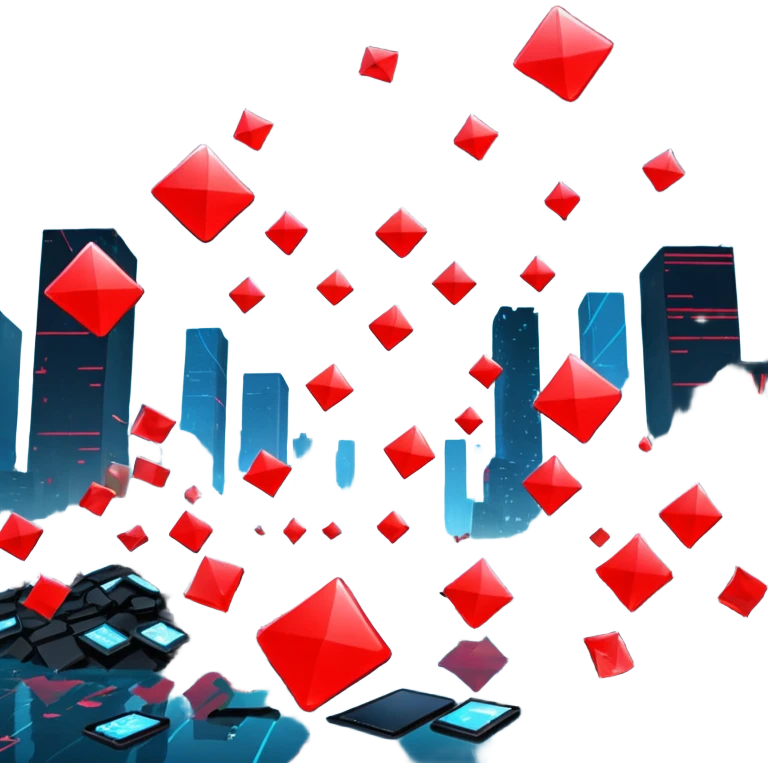 Virtual metaverse grid being flooded with digital waste: floating junk files, corrupted avatars, error signs blinking everywhere, neon red alert signals, sky of code raining down trash, holograms malfunctioning, futuristic city backdrop crumbling,  emoji