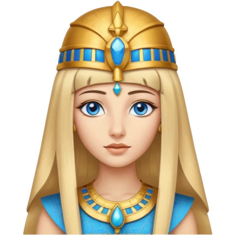Cleopatra vestita da faraone con il cappello da faraone ma con gli occhi azzurri e i capelli lunghi biondi non troppo chiari con il cappello da faraone dorato senza frangia capelli lunghi  emoji