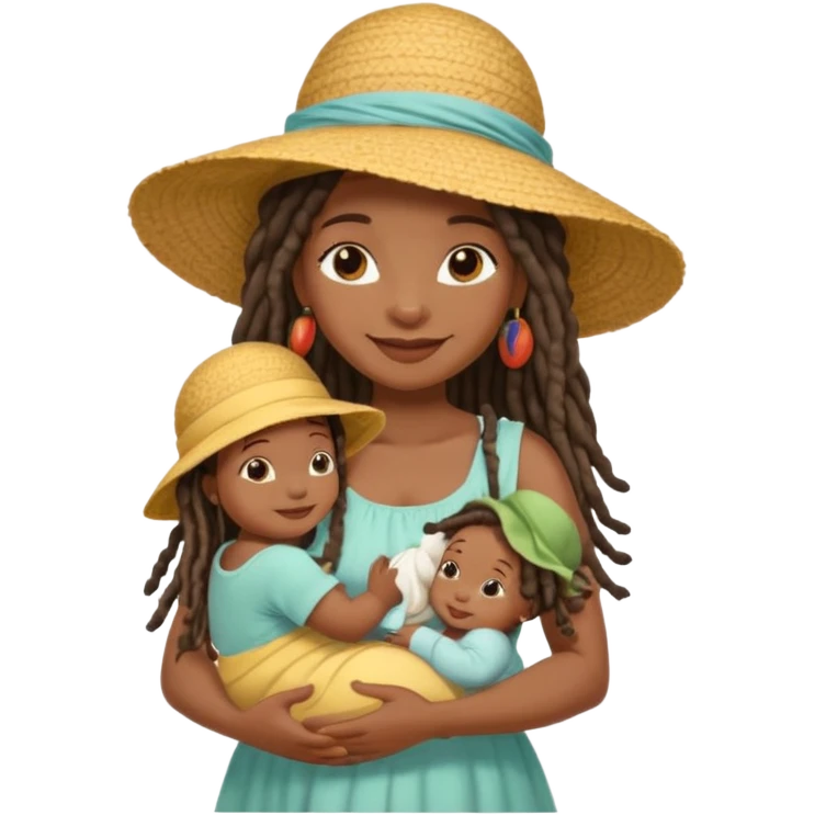 A black mom with long dread lock hair in a sunhat holding her baby gently, wearing a sun-dress while smiling softly. emoji