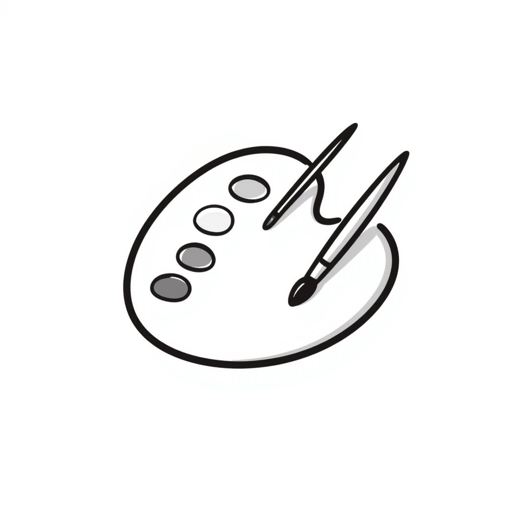 An artist's paint palette with thumb hole and paint colors in pastel colors (dd9fb0, ffc6d3, a3bfc9, c4bee2, f1b091), hand-drawn doodle style emoji
