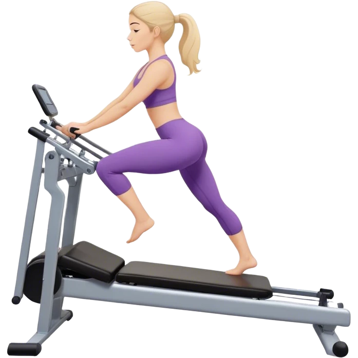 A girl doing a pilate exercize on her machine. We have a side view of her emoji