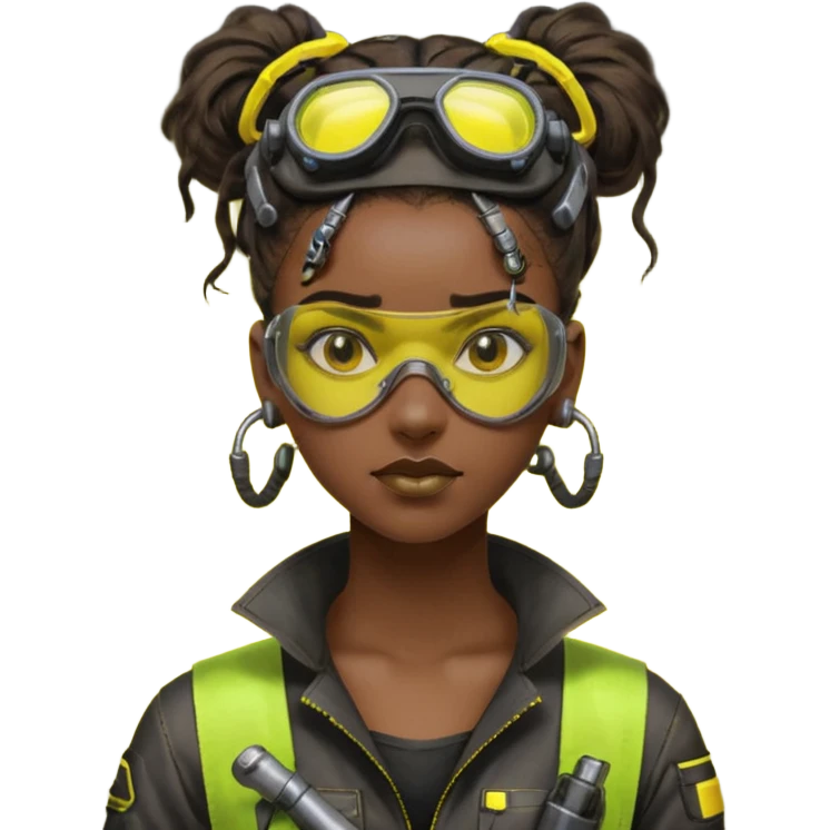 Cyberpunk black female mechanic, yellow tech goggles on forehead, messy hair bun, ear piercings, tool collar, grease smudge on cheek, focused expression, neon yellow lighting emoji
