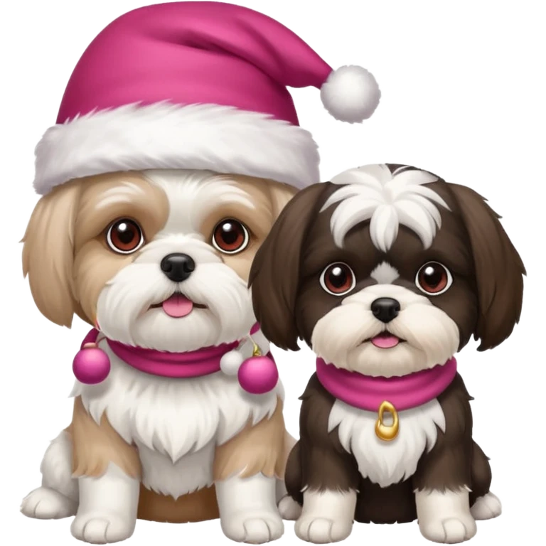 two dogs one little white all over shih tzu dog with pink santa hat and one mostly white with black havanese dog wearing a red santa hat emoji