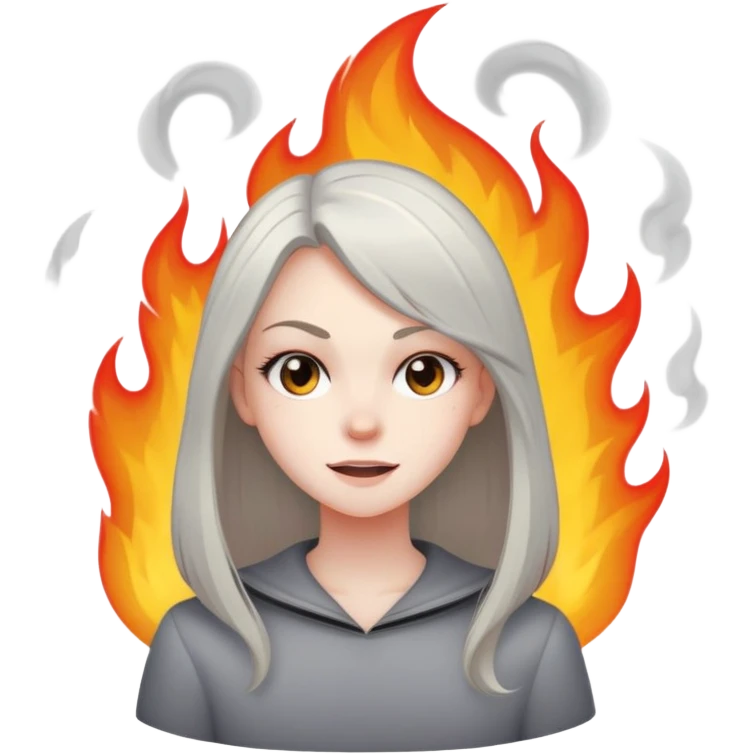 girl with a mischievous smirk standing in the foreground, while small flames or smoke rise in the background. The character has straight hair and a confident expression. emoji