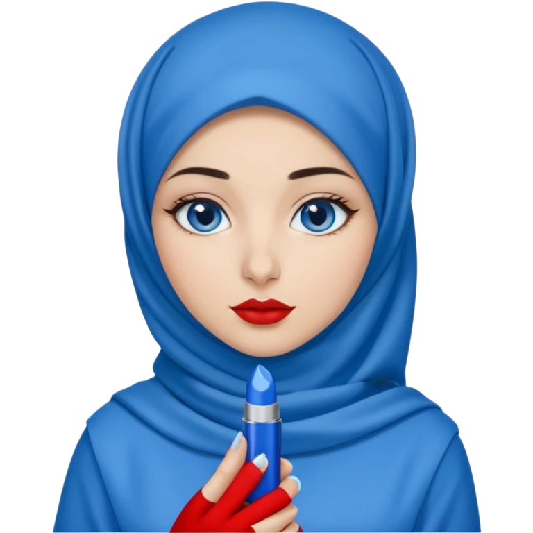 Turkish beautiful finish Konya girl blue eyes with blue hijab islamic dress and had on her hand blue ysl lipstick and hold it emoji