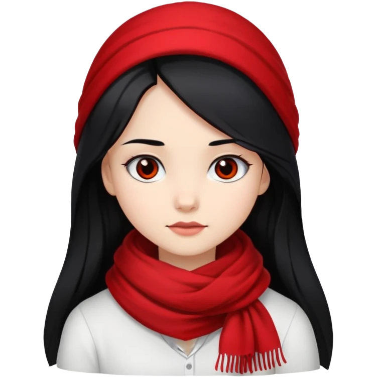 A girl with long black hair, wearing a red scarf, black eyes, and a white shirt. emoji