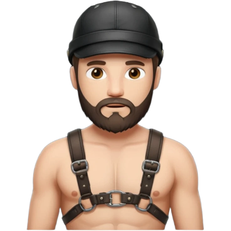 a bearded, leather Dom with a black leather cap and black chest harness over a naked chest emoji