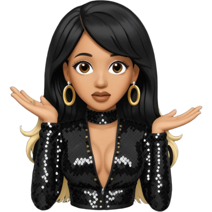 Cardi B with long jet black hair, black sequin outfit emoji