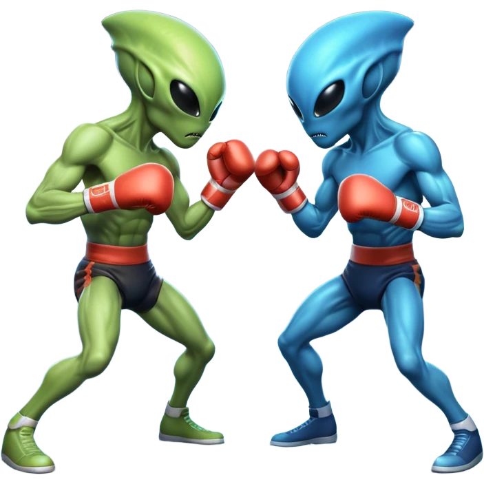 two alien fighters boxing, mid-punch action, motion blur effect, glowing energy impact, dramatic lighting, 3D cartoon, mobile game icon style, clean background, no text, no watermark
 emoji