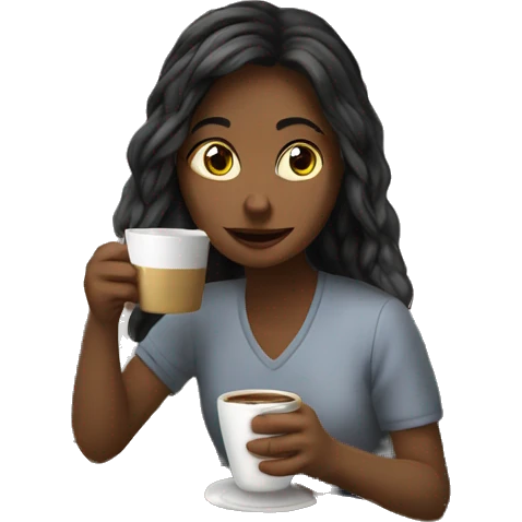 The girl is drinking coffee with zifirki and looking at the laptop emoji