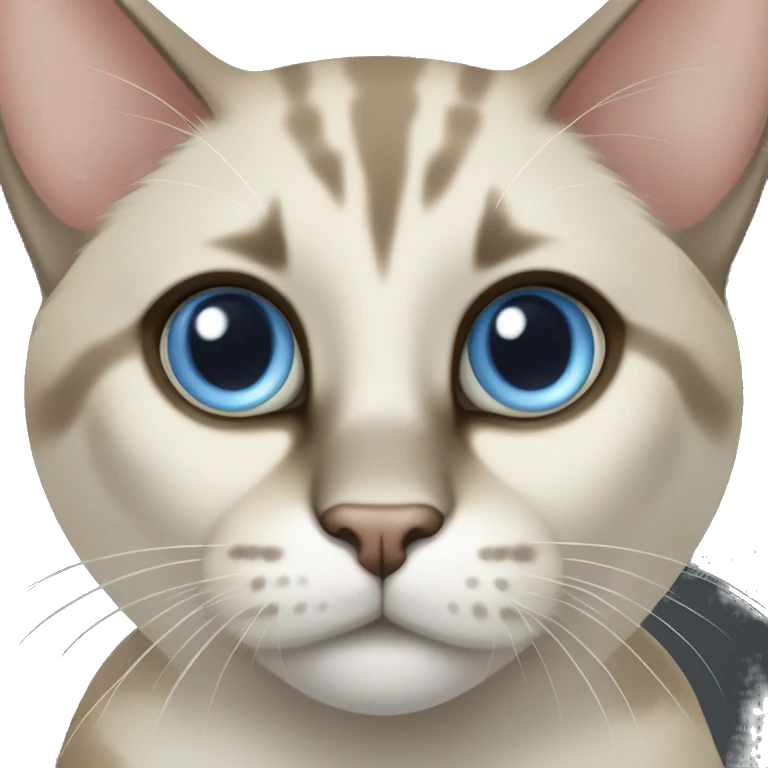 Thai breed adult cat with a light cream-brown body, dark gray nose and face, ears, and paws. sharp ears, and striking light blue eyes  emoji