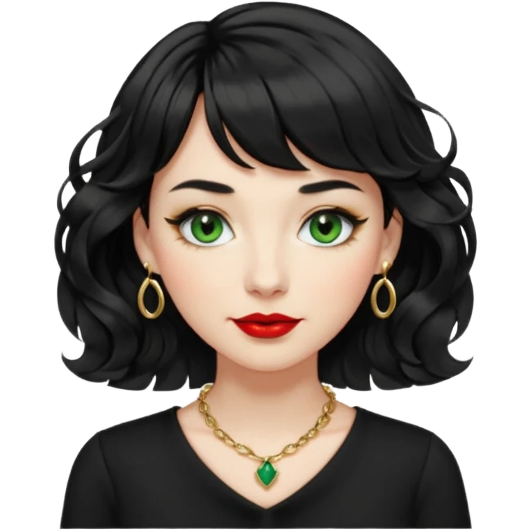 woman with jet black lightly curled wavy shoulder-length hair, short curtain bangs, bright red lipstick, black shirt, white skin, small closed-mouth smile, green eyes, black eyelashes with mascara, dainty gold necklace with the letter 's' emoji