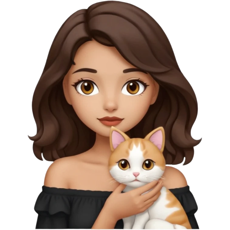 aesthetic girl, warm tan skin, round face, off-shoulder length 2b wavy hair, full lips, dark brown doe eyes, soft arched brows, holding a white cat, modern emoji style emoji