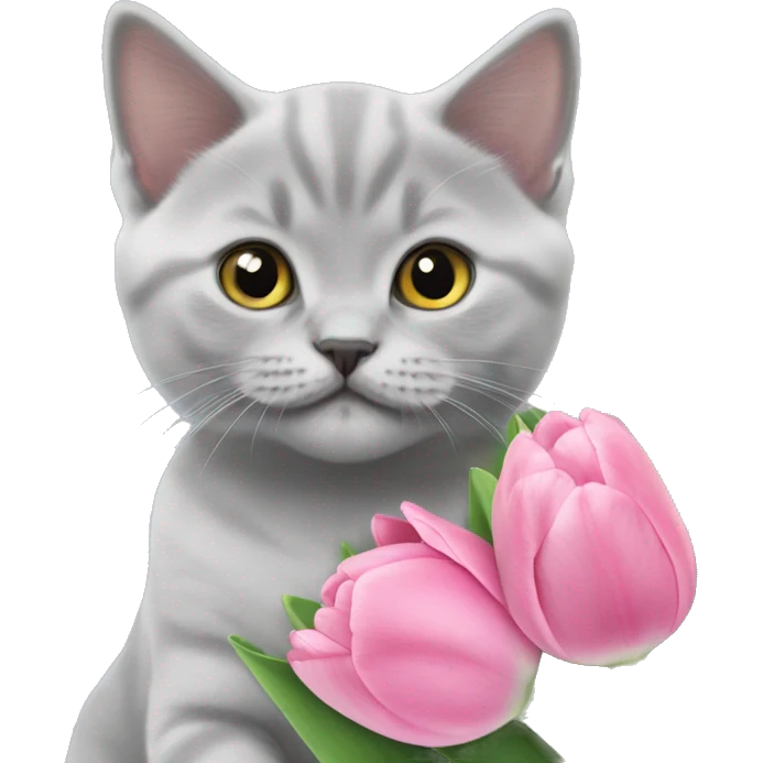 lilac british shorthair kitten holding pink tulips emoji