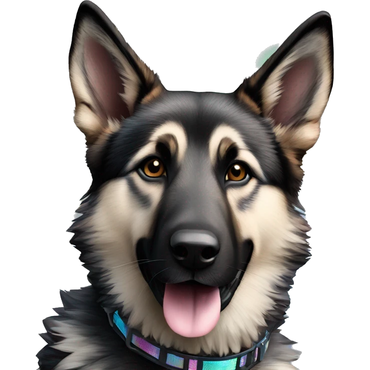  Black spotted brindle German shepherd husky fluffy ears and holographic harness running emoji