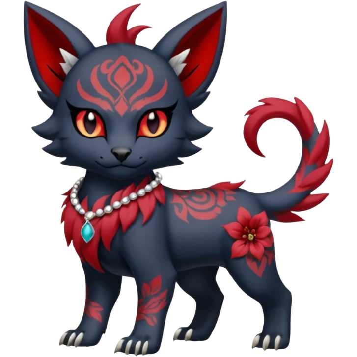 Asian-painted tattooed oriental Floral gothic edgy emo cool and ruby-jewelry-adorned Absol-Litten-Amaura-fusion-Fakemon-animal-creature  emoji