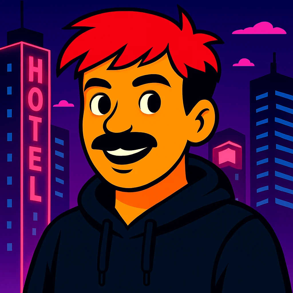 Make the face slightly less round, reduce the mustache a bit, and add a black hoodie. Keep the vibrant toon style, neon city background, and all original colors and lighting. emoji