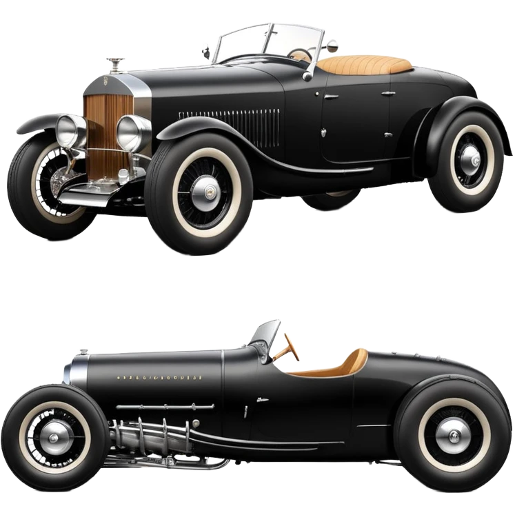 Batgirl’s black Bare bones modified (fenders removed) chopped streamlined sporty roadster (stripped down) hot street rodded engine sports car 1932 Rolls Royce Woody futuristic  wide racing wheels that are held strong by advanced suspension and steering emoji