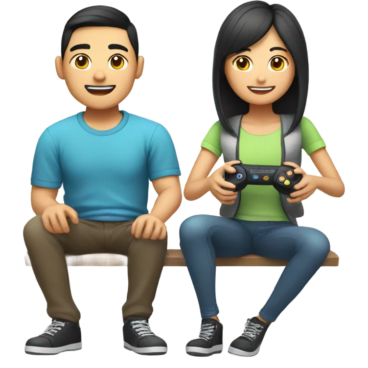 Cute Asian Couple sitting together and having fun playing video games emoji