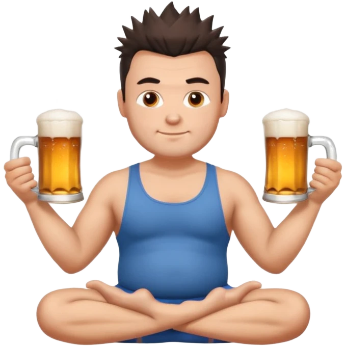 big slavic guy sitting in yoga pose, spiky short dark hair, holding beer mugs in two hands emoji