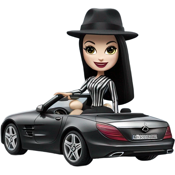 Morticia Addams Barbie, 1910 Morticia Addams from academy, in dark-gray and black striped outfit with hat. Smiling Driving Mercedes convertible sports car. Pale-white porcelain skin.  emoji