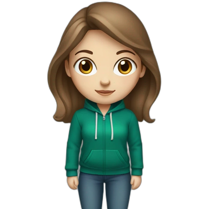 White girl with middle long brown hair and blue eyes wearing a darkgreen hoodie  emoji