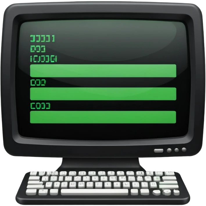 mac os icon code computer retro terminal, black, green white, full code lines on the screen emoji