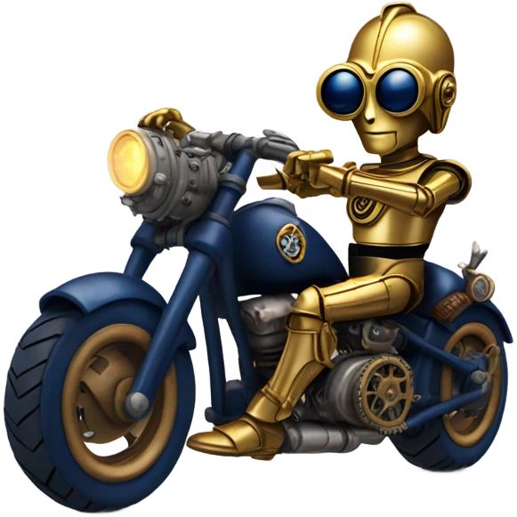 C-3PO wearing a pair of navy-blue heart shaped sunglasses riding a steampunk motorcycle on ice  emoji