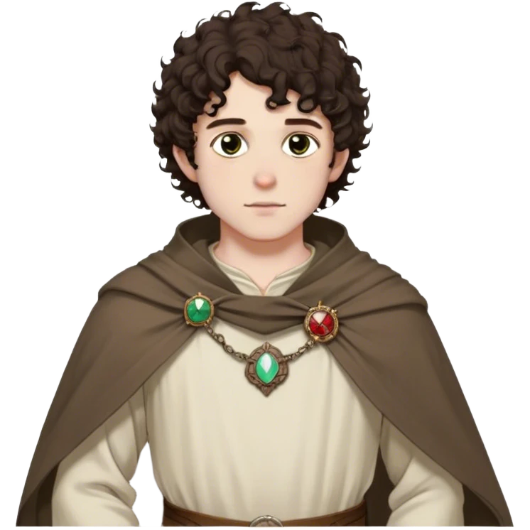 medieval spring outfit worn by a DnD themed fantasy male character. thin wool tunic with a light cloak draped over one shoulder, secured by a wooden brooch. clothes only above the waist. The clothes full waist. The character's haven't arms. character is white-skinned, dark brown hair, hazel eyes, short curly hair. emoji