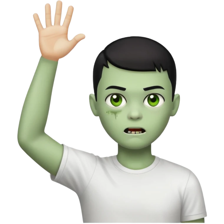 zombie boy with black buzz cut hair and white t shirt, arms raised, apple style emoji emoji