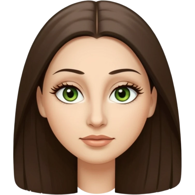 40 year old Adult woman avatar, light skin tone, oval face, long straight ashy brown hair, green almond-shaped eyes with dramatic eyelashes and minimal eyeliner, neutral mouth, medium straight eyebrows, small nose, smooth skin emoji