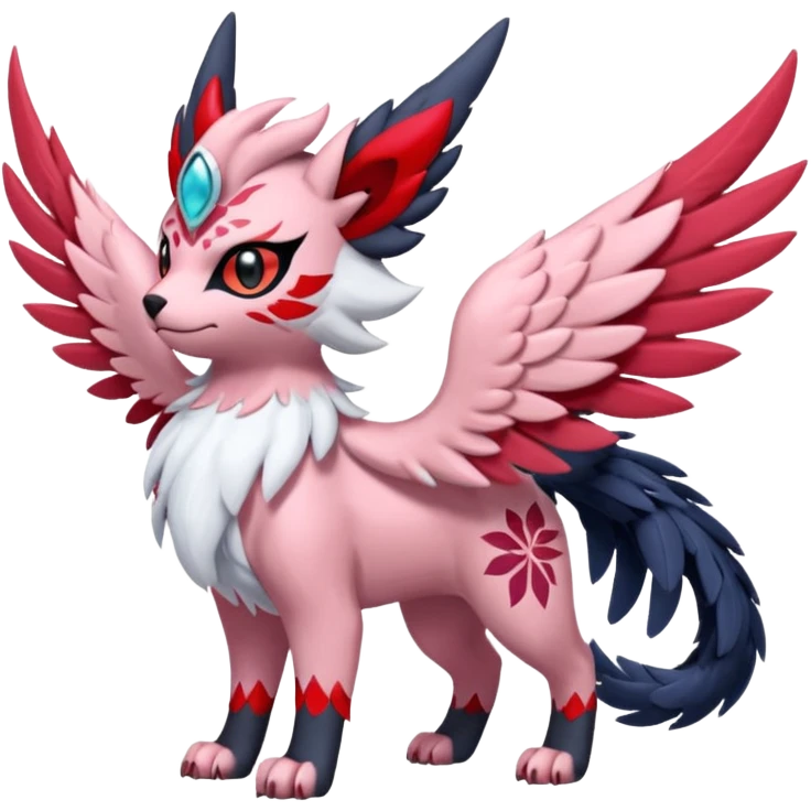 Floral feathery pastel pink and ruby-jewelry-adorned Absol-Litten-Amaura-fusion-Fakemon-animal-creature  emoji