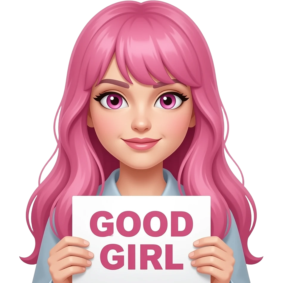 sexy girl with long pink hair and pink eyes wearing a holding a GOOD GIRL sign emoji