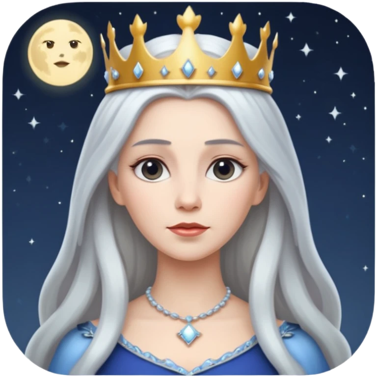White silver Long Haired Women, Queen with crown — soft expression, moonlight tone emoji