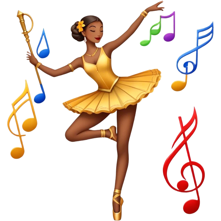 Icon for Choreography: a dancer in a graceful pose with musical notes, a director’s baton, a metronome and a dance floor. The icon should represent the art of choreography, with focus on movement, timing, and creativity. Transparent background. emoji